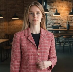 Le Suit Petite 8P Pink Tweed Blazer Jacket Gold Like Buttons Workwear